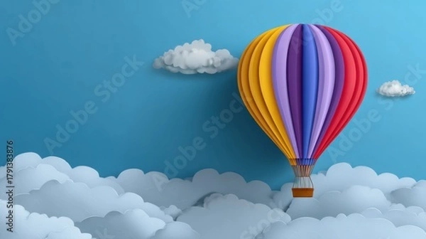 Fototapeta A bright hot air balloon above the clouds on a blue background. This papercraft-style illustration is perfect for children's projects, cards, and backdrops.
