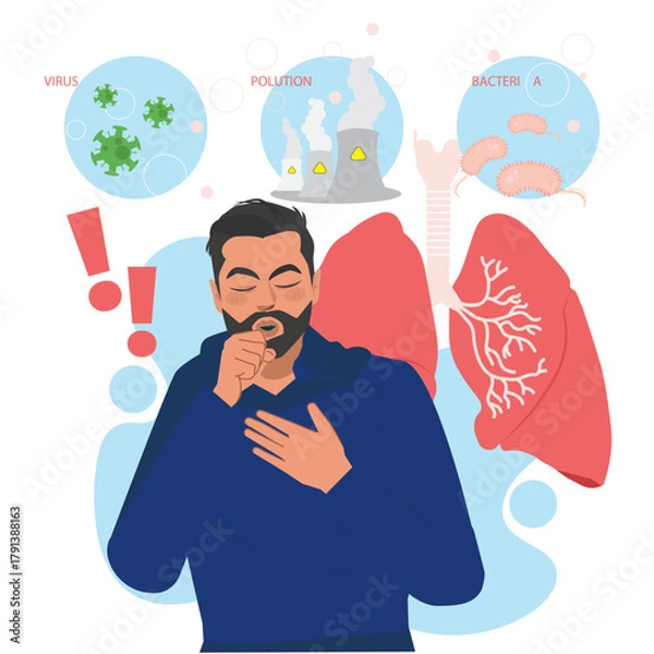 Obraz Man violently coughing with lungs in the background.eps