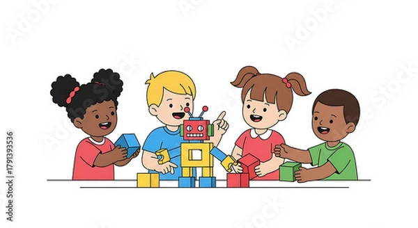 Fototapeta Cute flat design illustration diverse children collaborating building robot STEM