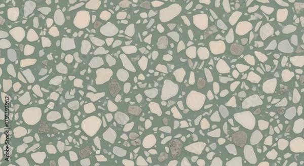 Fototapeta Sage green terrazzo pattern with cream and grey stone chips, Natural organic aesthetic, Soft green terrazzo flooring or wallpaper