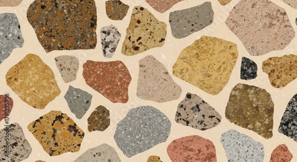 Fototapeta Vintage terrazzo texture with large granite fragments in earth tones, beige base, Retro 1970s style