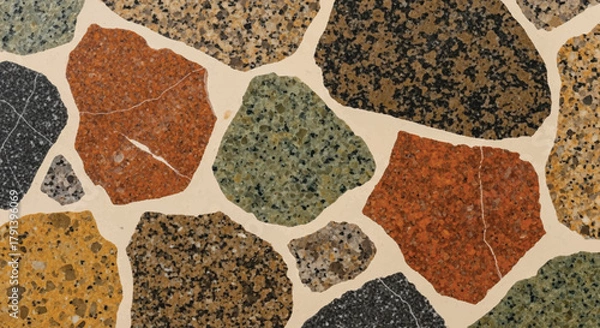 Fototapeta Vintage terrazzo texture with large granite fragments in earth tones, beige base, Warm color palette terrazzo, Abstract rustic stone pattern
