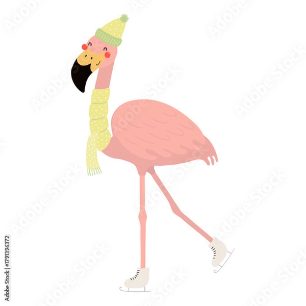 Fototapeta Flamingo in a hat, scarf, ice skating isolated on transparent. Hand drawn flat vector illustration. Cute cartoon character. Traditional Christmas, New Year design element, clip art