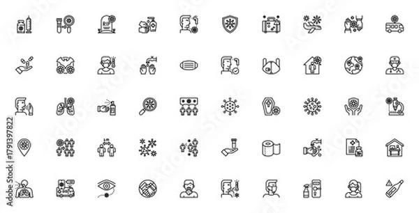 Obraz Coronavirus icon set. Vector line icons pack. Featurng vaccine, mask, pandemic protection, sanitizer, soial distance, symptoms andmore. Editable stroke.