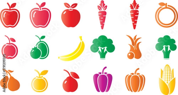 Fototapeta Colorful fruit and vegetables arranged on a black background in a row