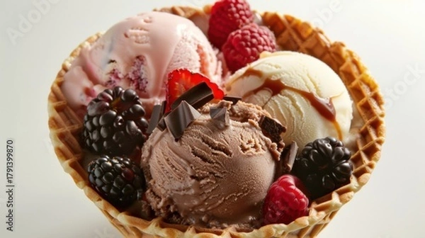 Obraz An assortment of ice cream scoops vanilla, chocolate, strawberry served with fresh raspberries and blackberries in a crisp waffle bowl