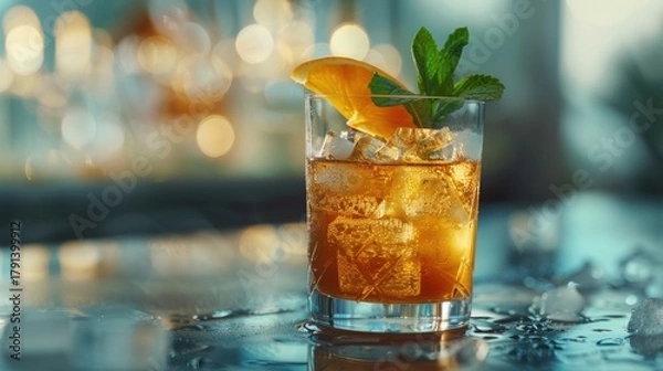 Fototapeta A glass of chilled amber cocktail or whiskey, iced tea garnished with a slice of orange and a sprig of mint, sits on a wet bar surface with a blurred, bokeh background