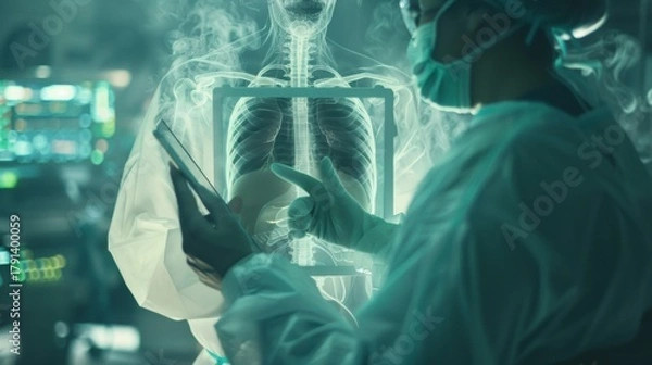 Fototapeta A surgeon in sterile garb uses a tablet to view a futuristic, glowing holographic projection of a human skeleton and internal organs during a high-tech medical procedure or diagnosis