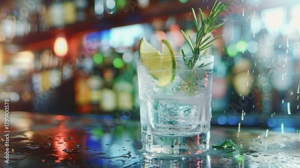 Fototapeta Cocktail gin and tonic, is served in a glass with ice, lime wedges, and rosemary sprig, with water splatters and a vibrant bar background