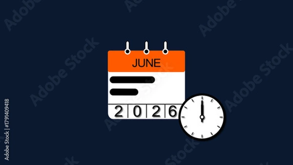 Fototapeta 4K calendar June 2026 illustration. clock and black background clean and stunning 4k illustration.