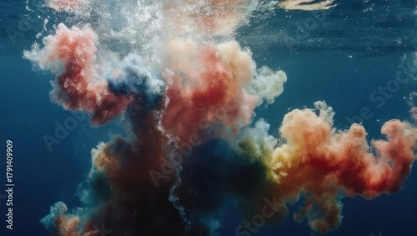Obraz Colorful Smoke Plumes Dissipating Underwater in Deep Blue Water.