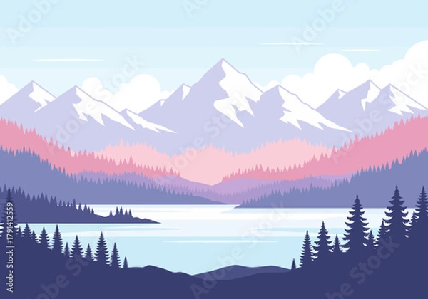 Obraz Stylized mountain lake scene with layered purple and pink forests under a pale sky