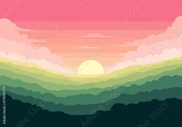 Obraz Layered green hills at sunrise or sunset with a pink and orange sky