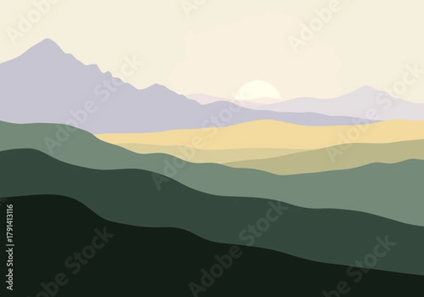 Obraz Layered minimalist landscape with rolling hills and mountains at sunrise