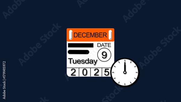 Fototapeta December month Tuesday 9 date calendar illustration. 2025 calendar and creating a stunning illustration 4k illustration.