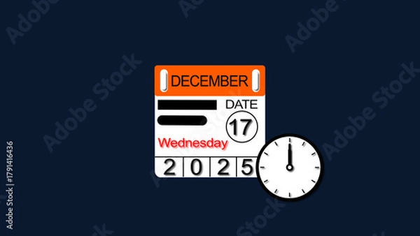 Fototapeta December month Wednesday 17 date calendar illustration. 2025 calendar and creating a stunning illustration 4k illustration.