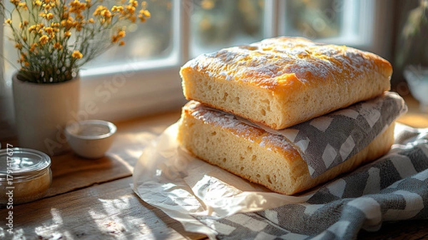 Fototapeta Freshly baked bread stack, sunlight windowsill, flowers, kitchen