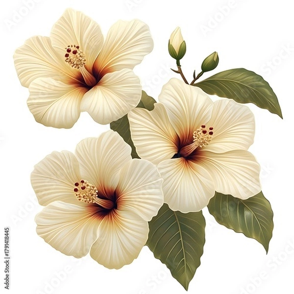 Obraz Three creamy white tropical blossoms feature prominently against a stark white background
