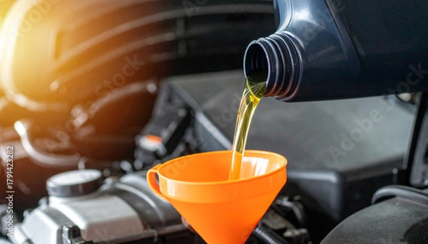 Obraz Pouring Fresh Motor Oil into an Engine During a Car Maintenance Service