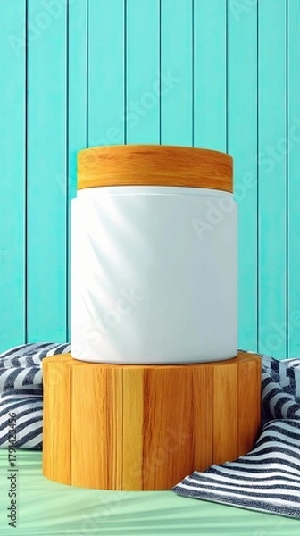Fototapeta A white jar with a wooden lid sits on a wooden pedestal, draped with a striped cloth, against a teal wooden wall.