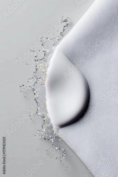 Fototapeta A smooth white cream swatch is captured in motion with a dynamic splash of water and tiny golden beads against a textured white fabric.