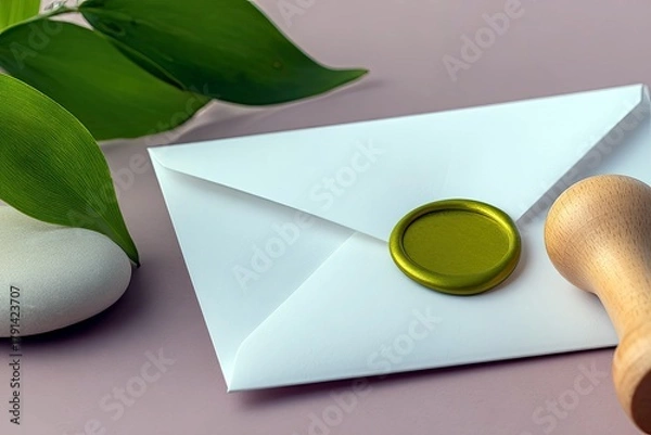 Fototapeta A white envelope is sealed with a green wax seal, accompanied by a wooden stamp, a smooth stone, and green leaves on a pink background.