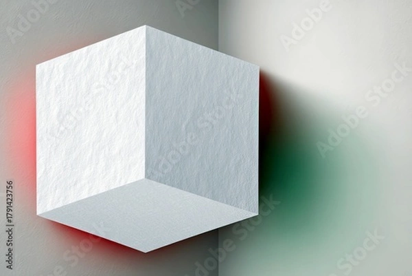 Fototapeta A textured white cube is positioned in a corner, illuminated by red light on one side and casting a green-tinged shadow on the adjacent wall.