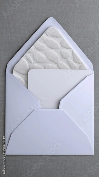 Fototapeta A white envelope is open, revealing a textured white liner and a blank white card inside, set against a grey background.