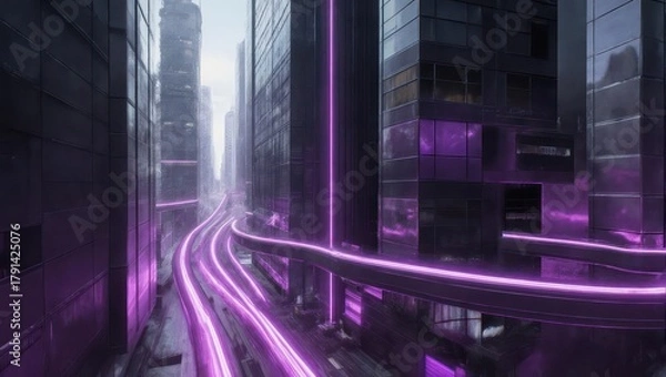 Fototapeta Futuristic Cityscape with Vibrant Purple Neon Light Trails at Night.