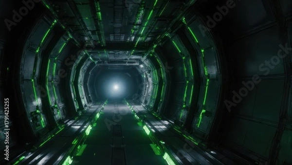 Fototapeta Futuristic science fiction corridor with glowing green lights and a bright portal.