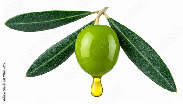 Fototapeta Close-up of a vibrant green olive with a drop of golden oil falling from it, isolated on a white background, representing freshness and healthy oil production
