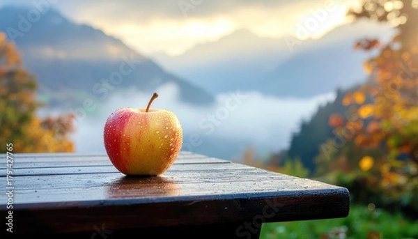 Fototapeta Scenic Apple Still Life with Mountain Backdrop: A Crisp Morning in the Alps