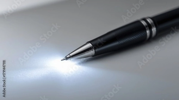 Obraz Close up of a black pen on a white surface with bright light