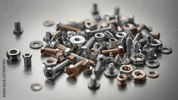 Obraz A pile of assorted nuts bolts and washers on gray surface