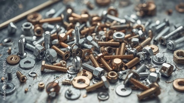Fototapeta A close up shot of various nuts bolts and washers on metal