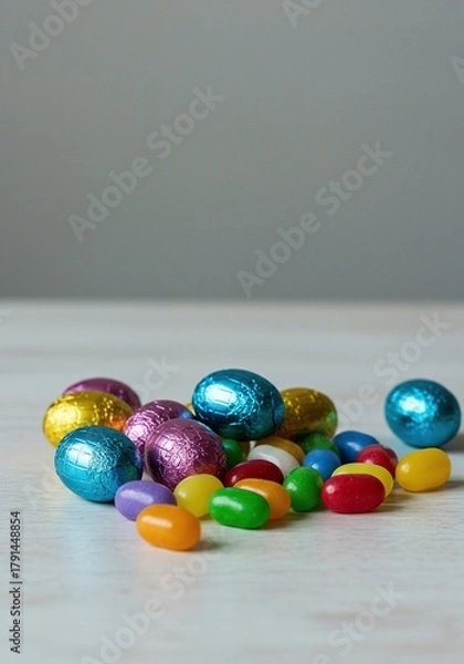 Fototapeta Pastel foil wrapped chocolate eggs and colorful jelly beans spilled onto a tabletop, symbolizing the sweetness of spring holidays ,assortment ,food ,wrapper