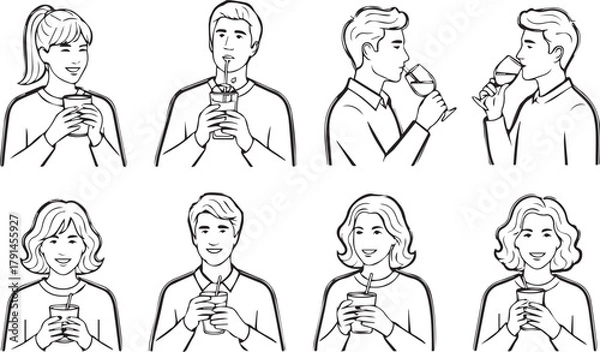 Obraz People Drinking Beverages Black and White Line Art Illustrations | Diverse Group of Men and Women Enjoying Various Drinks for Lifestyle Concepts, Social Media and Advertising