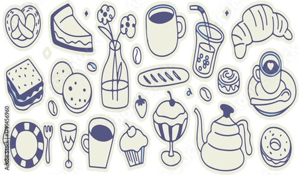 Obraz Food and Drink Doodle Icons: Coffee, Pastries, and Sweets Vector Illustration | Cute Hand-Drawn Graphics for Cafe Menu, Recipe, and Social Media Design