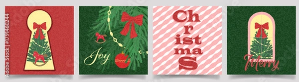 Obraz Merry Christmas and Happy New Year card set featuring festive trees, ribbon bow, holiday lettering. Warm textured backgrounds. Modern bright Xmas design with hand drawn elements in minimal retro style