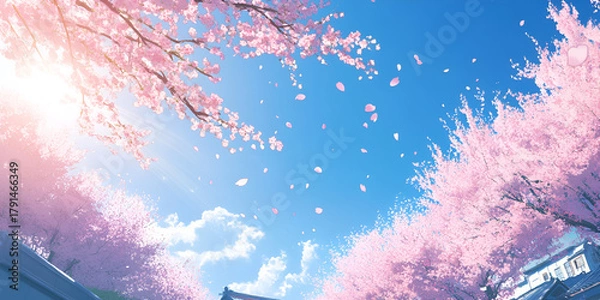 Obraz Cherry Blossom Trees with Blue Sky and Falling Petals