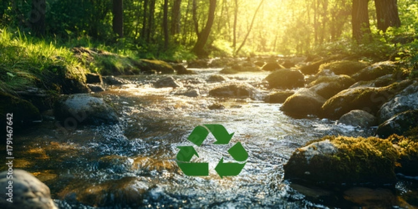 Obraz Recycling Symbol Over River in Forest with Sunlight