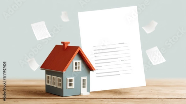 Obraz Bankruptcy and legal concept with model house and documents on wooden table