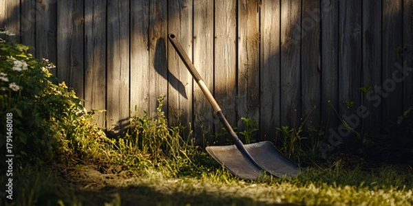Obraz Garden Shovel and Rake Leaning Against Wooden Fence