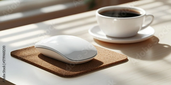 Obraz Cup of Coffee and Wireless Mouse on Wooden Office Desk