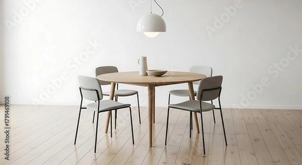 Fototapeta A bright, minimalist dining room presents an inviting space with four chairs round table.