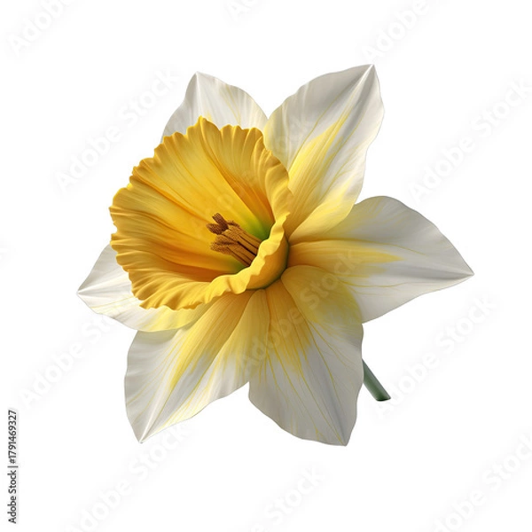 Fototapeta A Single Yellow and White Daffodil Flower with Green Stem Isolated on a Black Background