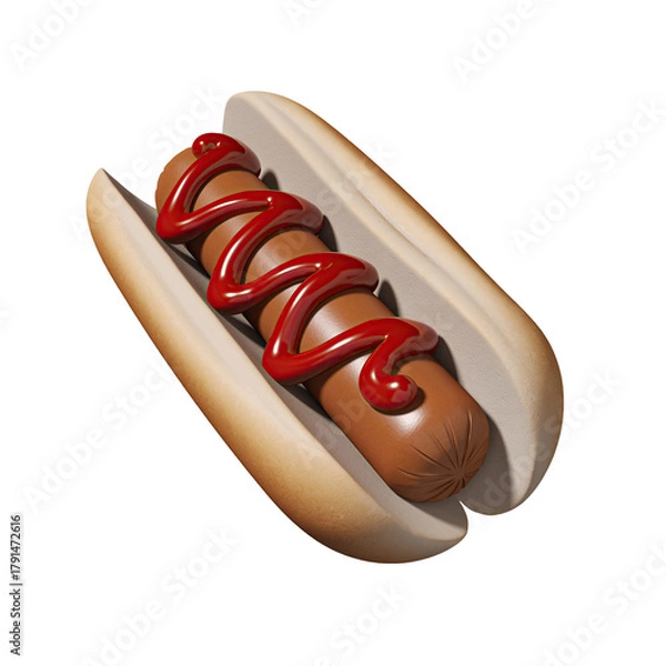 Fototapeta A delicious hot dog with ketchup in a bun isolated on a black background symbolizing fast food and casual dining