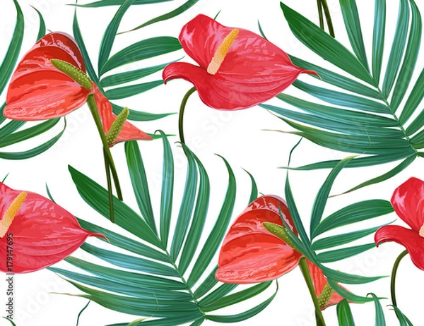 Fototapeta Vector Tropical flowers and palm leaves seamless pattern. Floral exotic Hawaiian background. Blooming elements.Jungle plants. Ideal for fabric,wallpaper,wrapping paper, textile, bedding,t-shirt print.