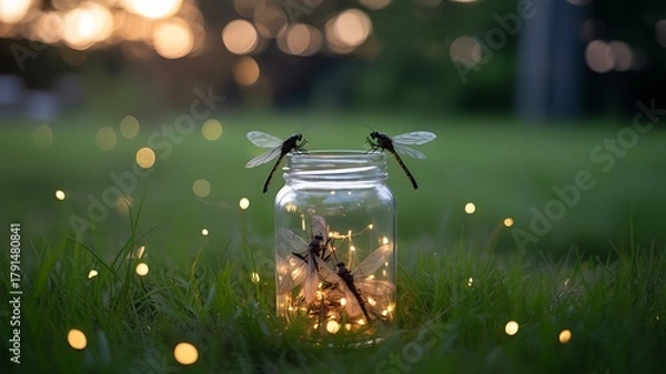 Fototapeta Enchanting firefly jar with dragonflies in golden hour garden