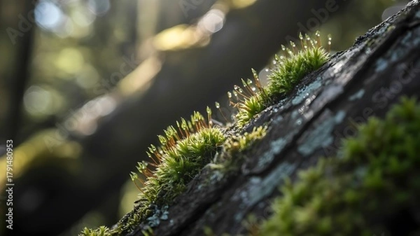 Obraz Macro view: dew-kissed moss & lichen on tree bark in soft sunlight